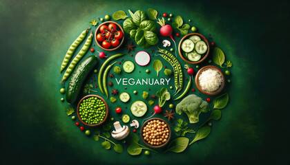 Wall Mural - Vegetarian concept from vegetables, fruits and plant based protein food top view. Veganuary month long vegan commitment in January.