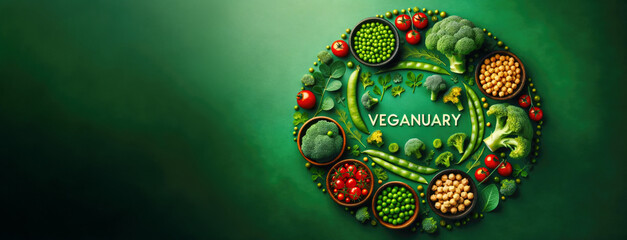 Wall Mural - Vegetarian concept from vegetables, fruits and plant based protein food top view. Veganuary month long vegan commitment in January.