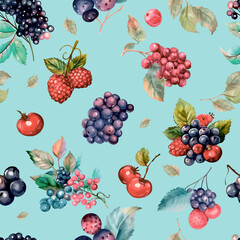 Wall Mural - Wild berries pattern. Very berry, blackberry, raspberry, blueberry, color background. Seamless pattern for printing on print, textile