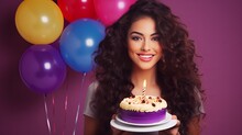A Cheerful Young Woman Enjoying Her Birthday Against A Violet Background While Holding Multicolored Air Balloons And A Piece Of Pie