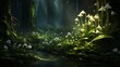 A neon lily-of-the-valley tucked away in a dark forest corner.