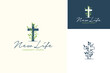 Nature Wild Vines Plant Flower with Christian Cross Crucifix for Church Community logo design 