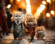 Drei süße Katzen in Kleidung gehen spazieren