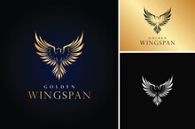 Classic Elegant Bird Gold Wingspan. Golden Luxury Raising Eagle Phoenix Fenix Falcon Hawk Dove Pigeon Wings Logo Design