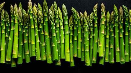 Natural background of fresh and ripe green asparagus with water drops. A delicious quality vegetarian product. Healthy organic eating. Vegetables on black background. Close-up. Top view.