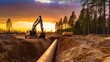 An excavator excavated a ditch in a wooded area while the stunning sunset served as a backdrop.