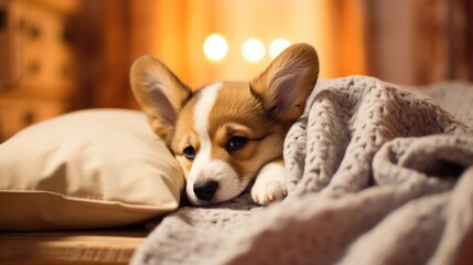 Poster - A dog laying on a bed with a blanket