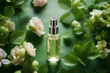 Natural cosmetic product oil or essence in a bottle with a dropper, with fresh green leaves, top view. Concept of beauty, skin, hair or body care	