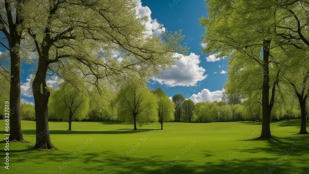 trees in the park a spring park with green grass and trees under a blue ...