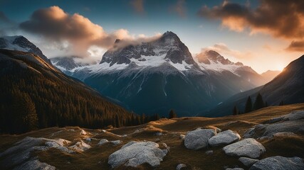 Wall Mural - sunrise over the mountains fir frost at sunset distant snow capped mountain
