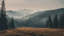 Misty Morning In The Mountains Misty Landscape With Fir Forest In Hipster Vintage Retro Style 