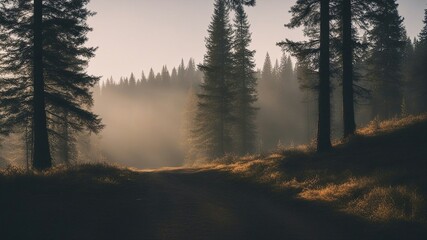 Wall Mural - fog in the mountains misty landscape with fir forest in hipster vintage retro style