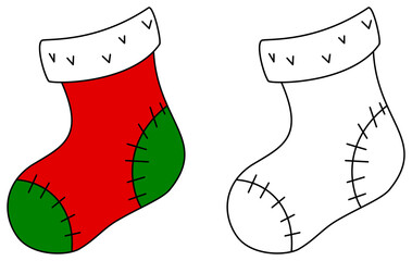 Wall Mural - Christmas stockings colorful and outline. Coloring book page for children. Christmas sock illustration.