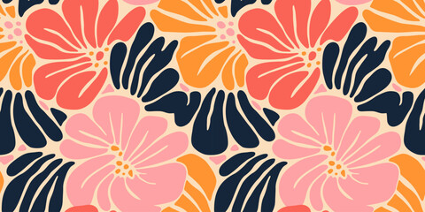 Leinwandbilder - Abstract flower art seamless pattern illustration. Organic nature floral background in vintage style. Spring season decoration texture, drawing print.