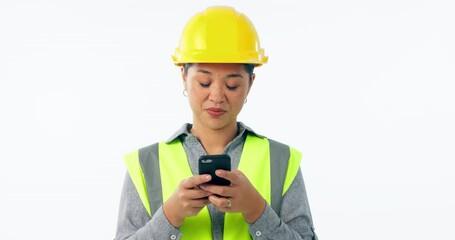 Poster - Engineer, smile and woman with a smartphone, typing and employee isolated on a white studio background. Person, happy model and architecture with a cellphone, mobile user and contact with digital app