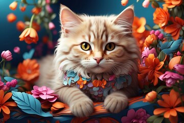 cat and flowers, animal on spring, cute cat on floral background