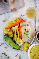 Poster - Poashed cod with vegetables and aioli .top veiw