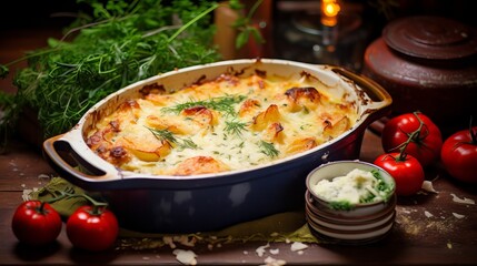 A creamy potato gratin or casserole topped with a tomato cheese crust, ham, and leek. Fall and winter rustic recipe