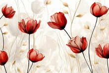 Graphic Gold Line Art Red Tulips