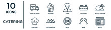 Catering Outline Icon Set Such As Thin Line Food Delivery, Chef, Roast Chicken, Watermelon, Wine, Bento, Chef Hat Icons For Report, Presentation, Diagram, Web Design
