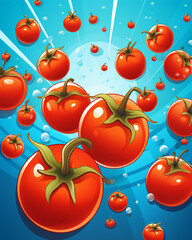 Tomatoes with juice splash on a red background. 3d rendering