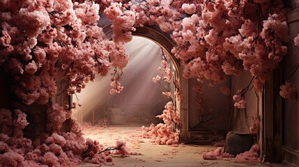 Wall Mural - The romantic tunnel of pink flower trees. Floral flower illustration. Generative AI