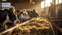 Healthy Dairy Cows Feeding On Fodder Standing In Row Of Stables In Cattle Farm Barn With Worker Adding Food For Animals In Blurred Background. Agriculture Environment Illustration. Generative AI