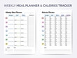 Weekly meal planner and calories tracker, digital planner with shopping list. Vector illustrationWeekly meal planner and calories tracker for healthy eating, digital planner shopping list vector illus