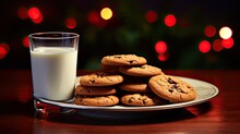 A Plate Of Cookies And Glass Of Milk By The Tree Santa Tradition Generative AI