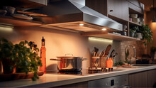 Photograph Of A Sleek Modular Chimney Right In The Kitchen With Gas Stove. It's A Portrait-style, Front View Shot, Zoomed In, With The Chimney Taking The Spotlight. 