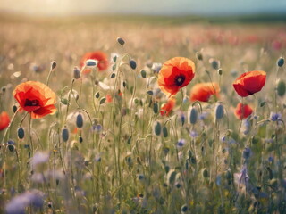 Amazing beautiful multitude of poppies growing in a field of wheat at sunrise with dew drops