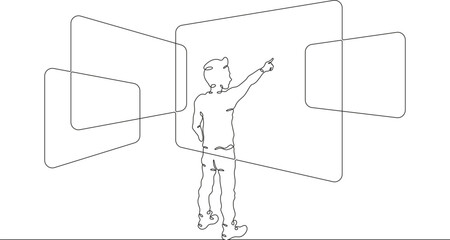 Wall Mural - A child with large screens. Interactive monitors. The child touches the big screen. Many monitors. One continuous line drawing.Linear. Hand drawn,white background.