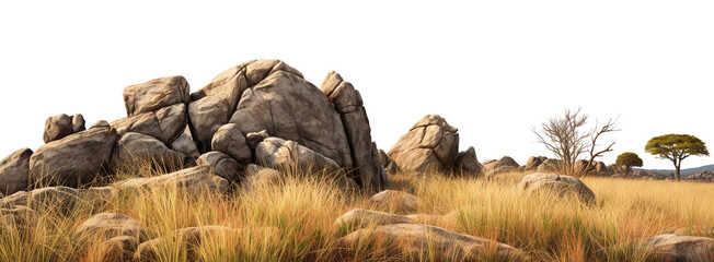 savanna with faded grass and rocks, cut out