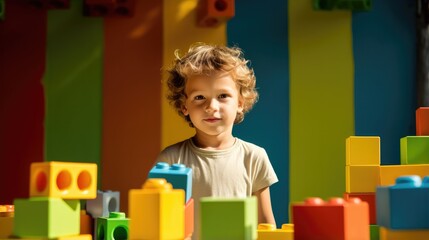 Poster - A little boy is playing with a pile of blocks. Generative AI.