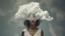 Woman With Her Head In Cloud, Concept: Depression, Copy Space, 16:9