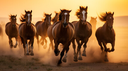 Wall Mural - beautiful wild horses running in the field at sunset