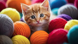 Fototapeta  - cute kitten hiding inside balls of wool, generative ai