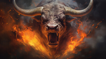 Astrological Sign of Taurus, mask of the zodiac, bull with a blue light on its horns, taurus sing in horoscope, animal panorama.