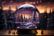 A snowglobe with low hills of snow inside and nothing else, on a wooden table, blurry neon - purple lights in the back. AI generative
