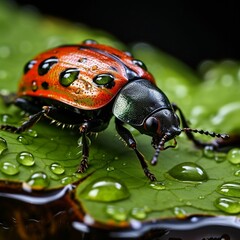 Canvas Print - AI-generated illustration of a newly washed insect perched atop a leaf covered with dew