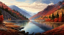 A Pristine Lake Nestled In A Valley, With The Surrounding Hillsides Painted In A Spectrum Of Autumn Colors