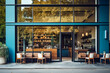 © Pics_With_Love - Modern cafe exterior with glass windows, showcasing interior through glass and outdoor seating.