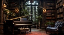 A Serene Library With A Grand Piano Taking Center Stage, Where Melodies Intermingle With The Rustling Of Pages And The Scent Of Old Books