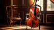 a solo cello resting on an antique wooden chair, bathed in the soft glow of a warm, cozy room