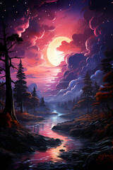 Wall Mural - Purple neon full moon set on ocean. AI generative