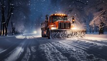 Snow plow clearing road after winter snow storm. Ai generative