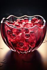 Poster - A glass bowl filled with red beads sitting on top of a table. This image can be used to add a pop of color and texture to various projects