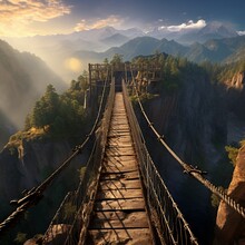 A Suspension Bridge Hanging High Above A Rugged Canyon, Leading To The Unknown.