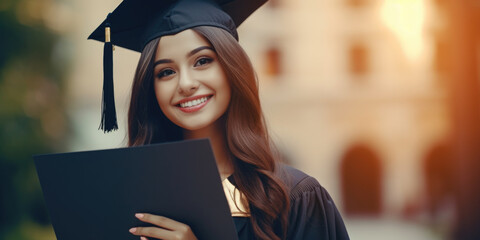 Poster - A woman dressed in a graduation cap and gown holding a folder. This image can be used to represent graduation, education, achievement, or career advancement