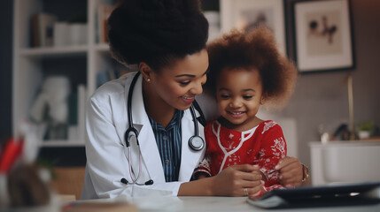 un médecin pédiatre avec le sourire et un enfant génération IA